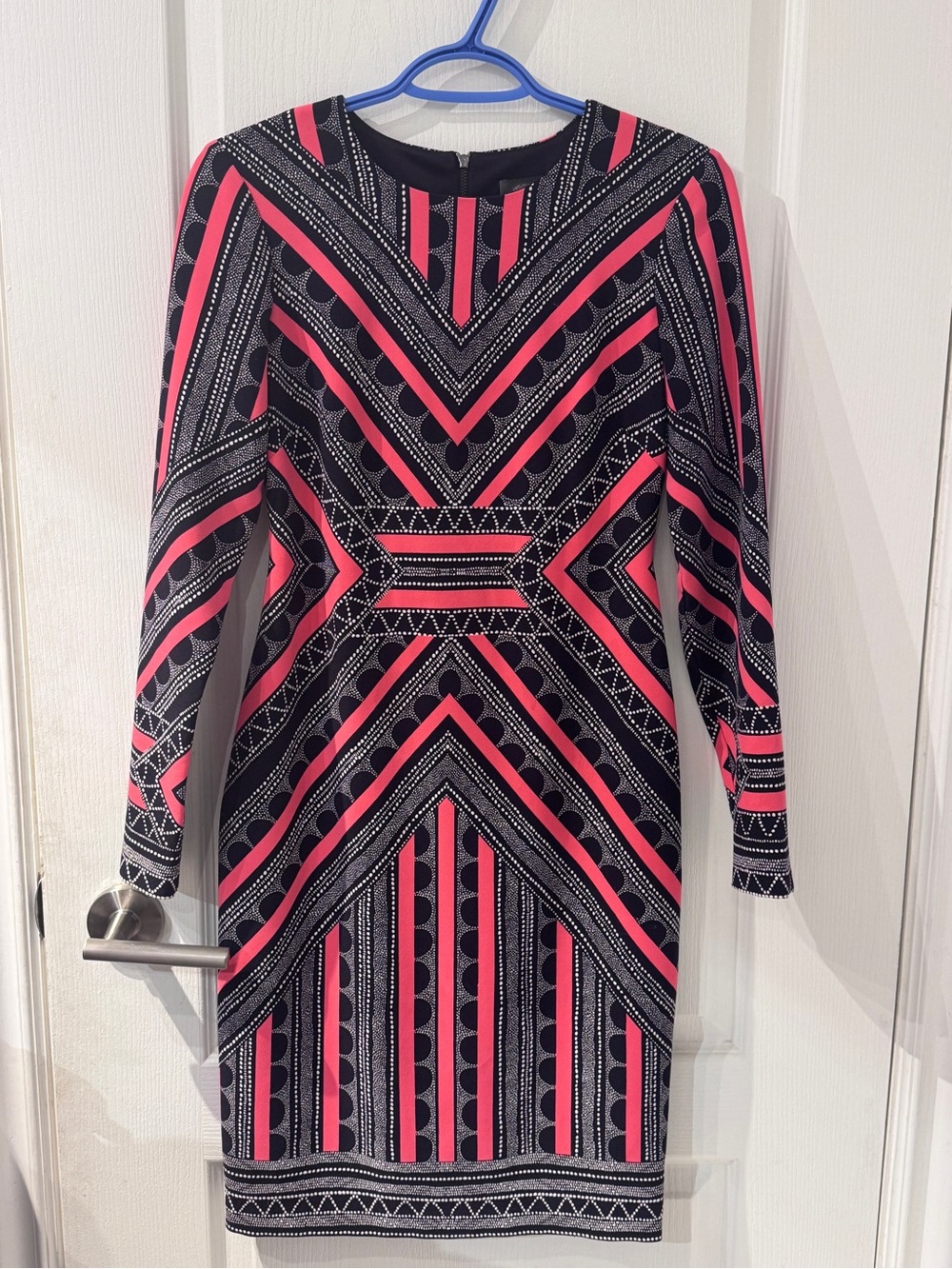 Vince Camuto Black and Neon Pink Geometric Long-Sleeve Dress